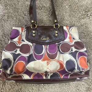 Coach Signature Tote in Purple, Orange, and Brown. F20113